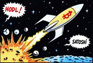 A rocket labeled “Bitcoin” blasting toward the moon, with “HODL” and “Satoshi” in neon speech bubbles.