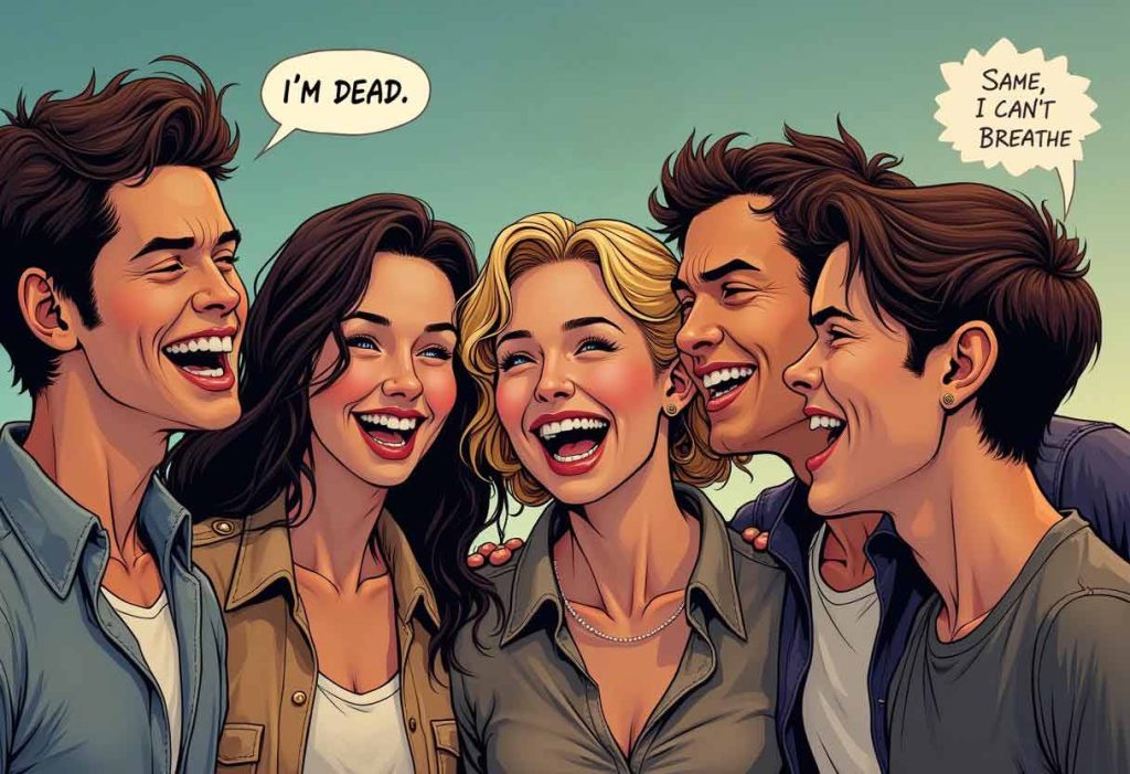 group of friends laughing together, one saying "I'm dead" and another saying "“Same, I can’t breathe,”