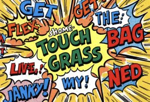 A collage of phrases like "get the bag", "flex", and "touch grass" in bold, colorful fonts.