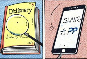 Split screen of an old-school dictionary vs. a slang translation app.