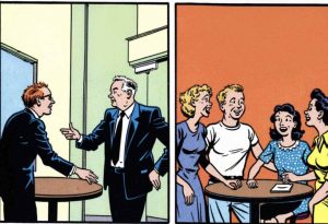 A split screen of a formal office meeting vs. a casual hangout,