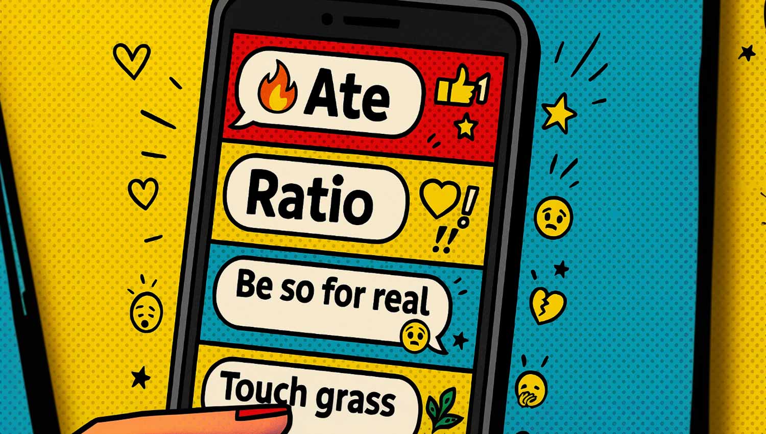 “Social media comments highlighting slang terms ‘ate,’ ‘ratio,’ ‘be so for real,’ and ‘touch grass,’ with funny explanations.”