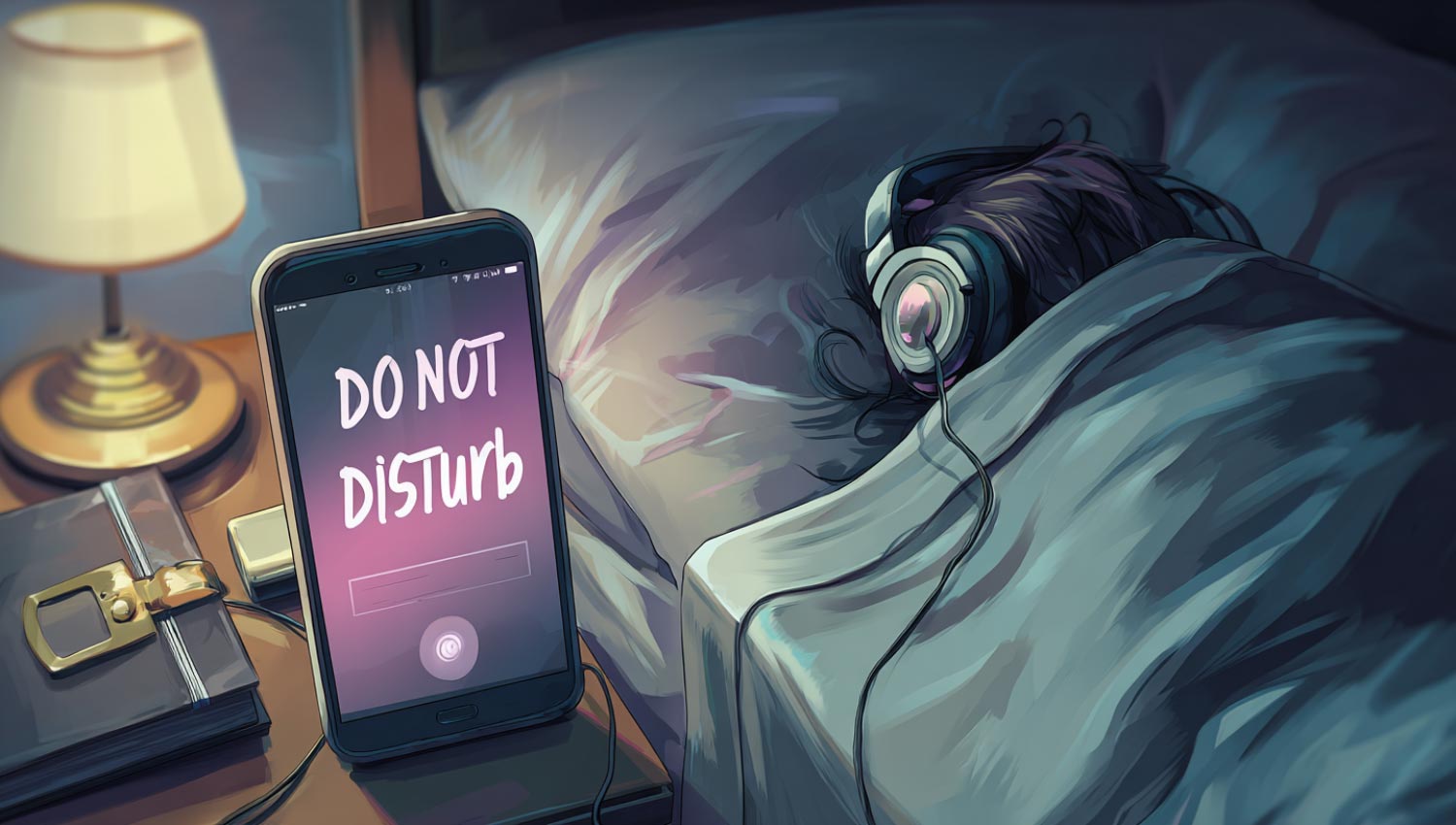 Moody collage of a phone in Do Not Disturb mode, cozy isolation setting, and visual symbols of quiet and boundaries.