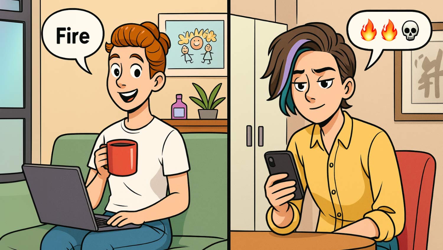 Gen Z and Millennial side-by-side with contrasting slang examples in speech bubbles.