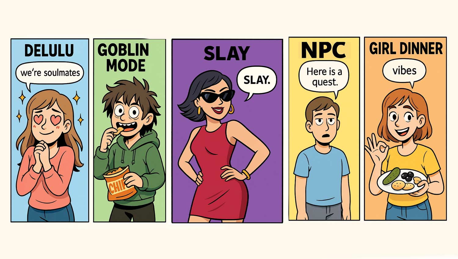 Comic-style lineup of five TikTok slang characters: Delulu girl, Goblin Mode gremlin, Slay diva, blank-faced NPC, and Girl Dinner girl with snack plate.