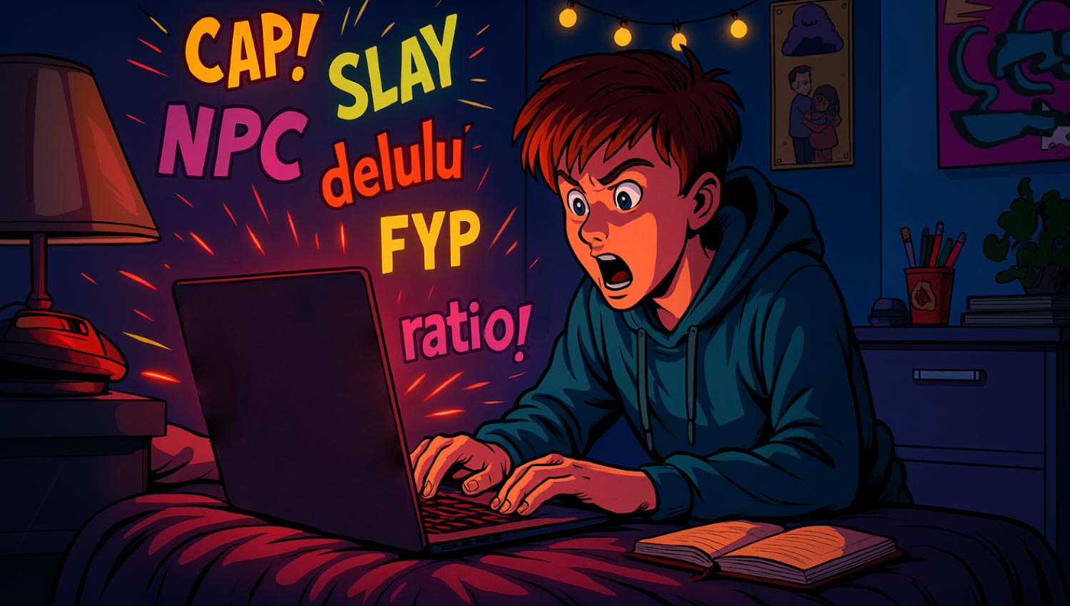 Teen reacting to chat slang on laptop, words like “cap” and “delulu” bursting from the screen in comic-style FX.