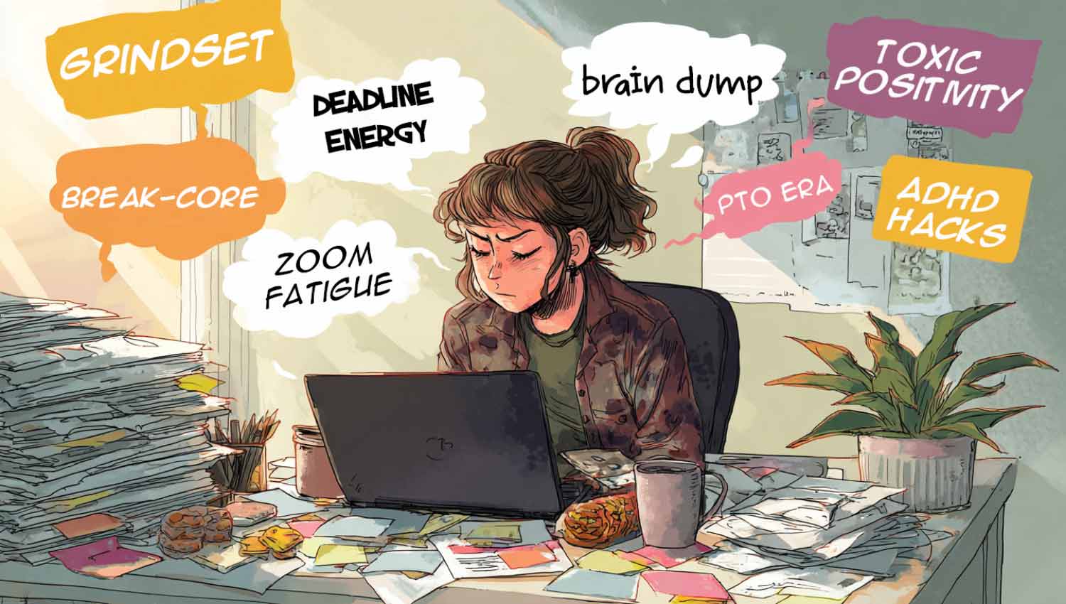 Tired person slouched at laptop, surrounded by papers and comic-style bubbles saying “quiet quitting!”, “zoom fatigue!”, and more.
