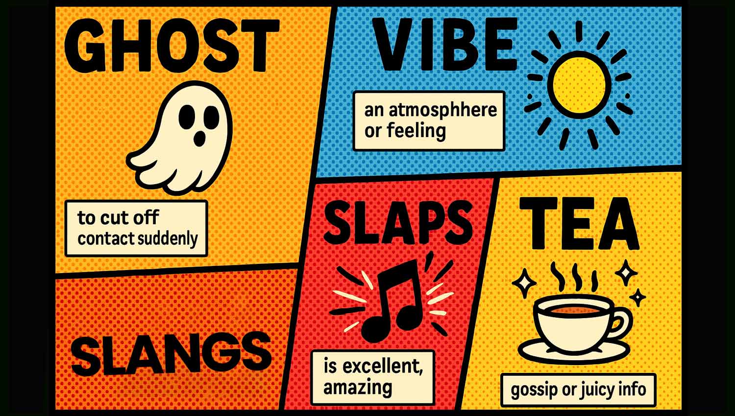 Graphic dictionary illustration of common words with humorous slang definitions.
