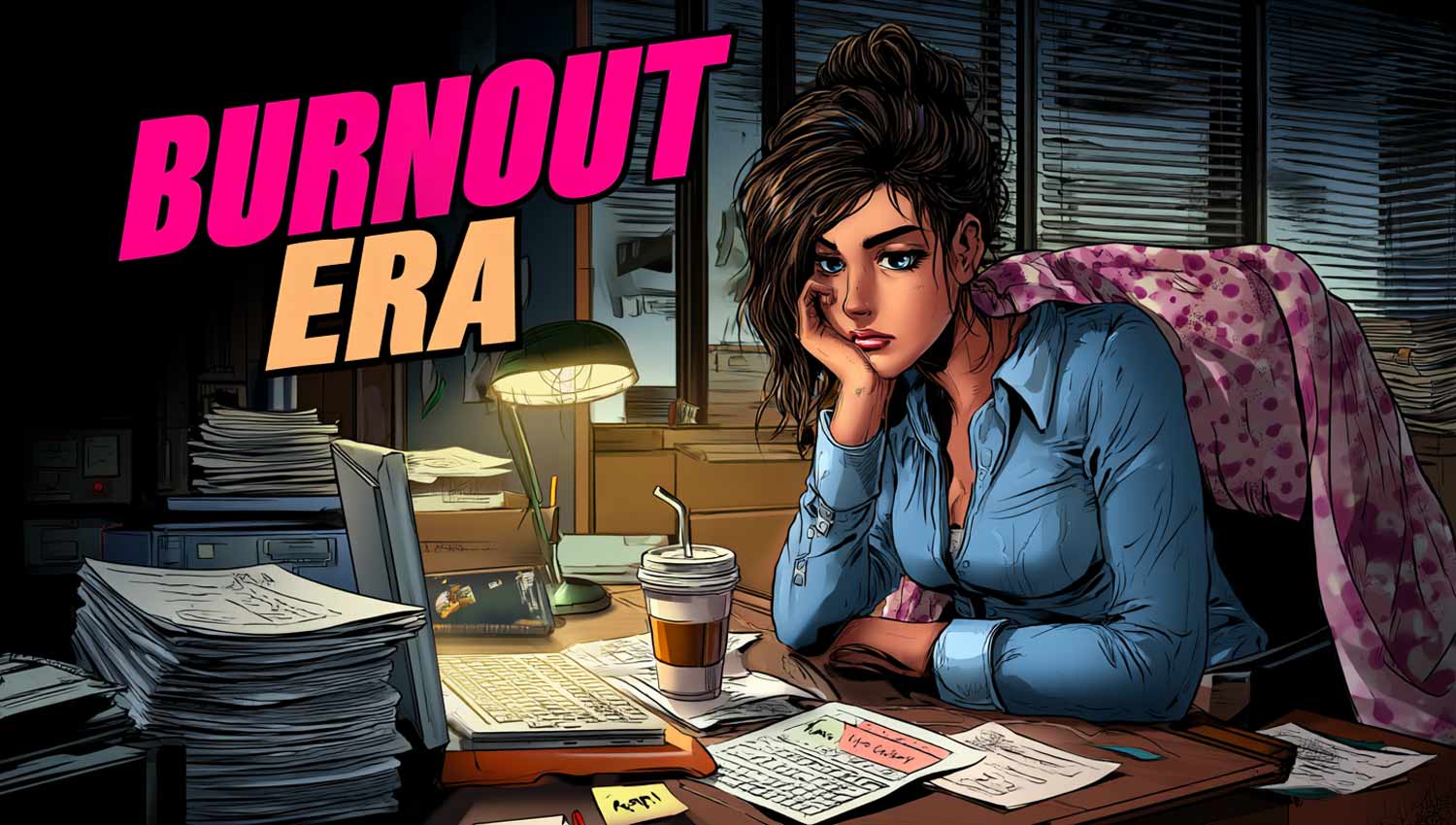 Visual collage of digital burnout with tired visuals and ‘burnout era’ label.