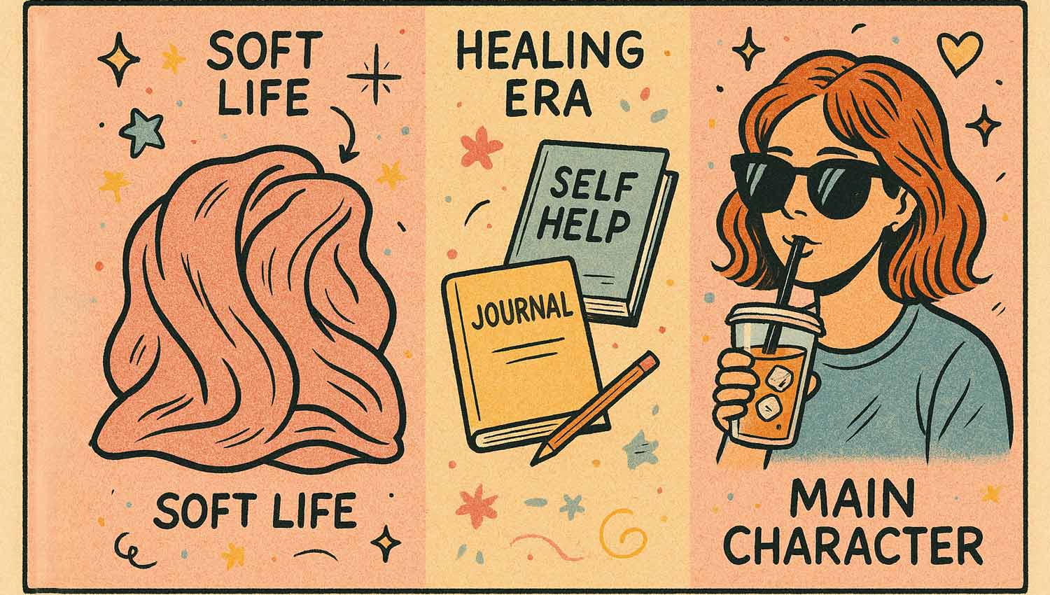 Aesthetic collage representing slang for personal eras (soft life, healing era, main character)