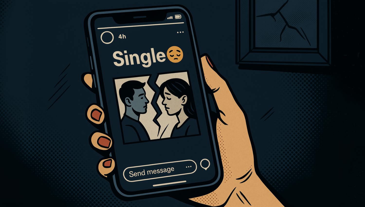 Mock IG story announcing breakup with deleted photos and ‘hard launch’ sticker.