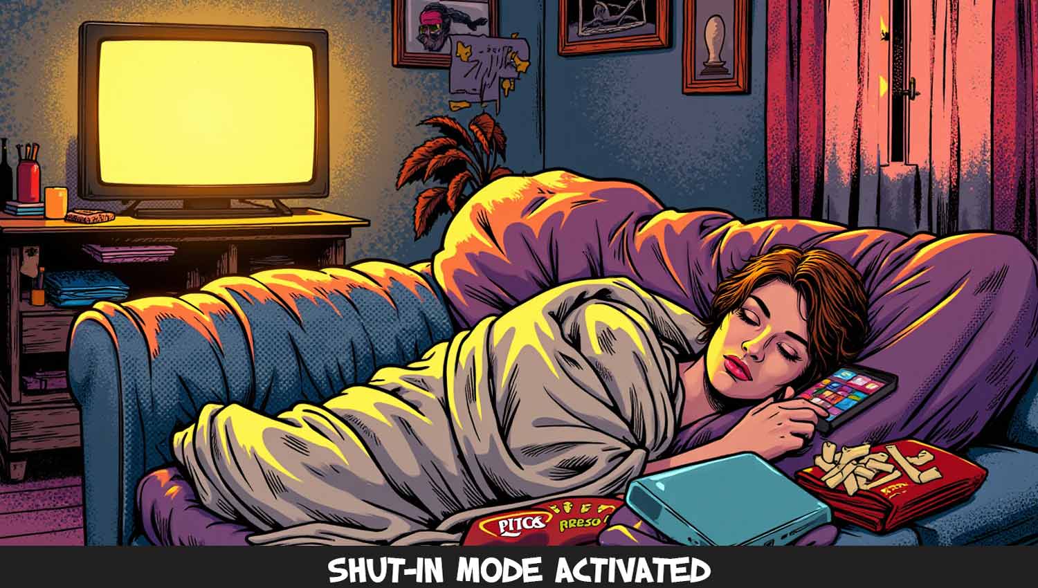 Person staying in with blanket, snacks, and a muted phone showing ‘shut-in mode.