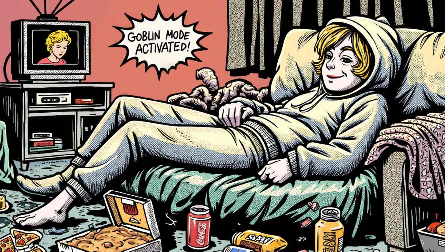 Illustration depicting messy snacks, cozy blankets, TV binge-watching, labeled ‘Goblin mode.’