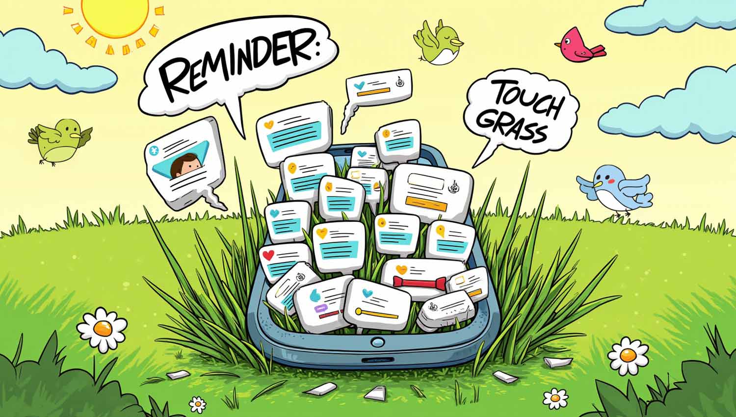 Playful graphic encouraging users to log off and ‘touch grass.’