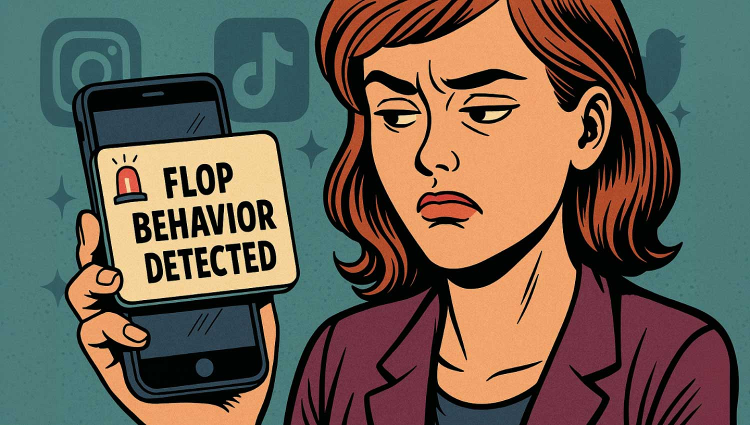 Funny phone alert graphic with ‘flop behavior detected’ and muted app visuals in the background.