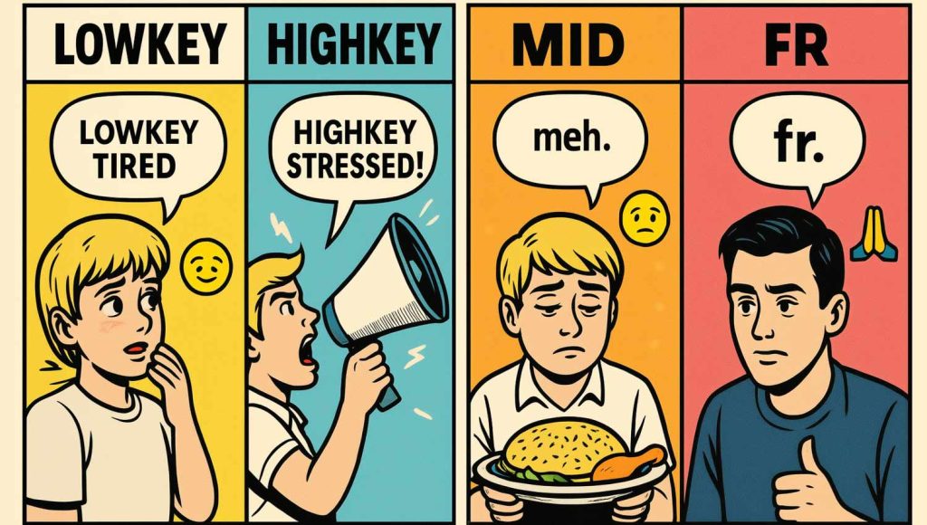 “Infographic breaking down the meanings of ‘lowkey,’ ‘highkey,’ ‘mid,’ and ‘fr.’”