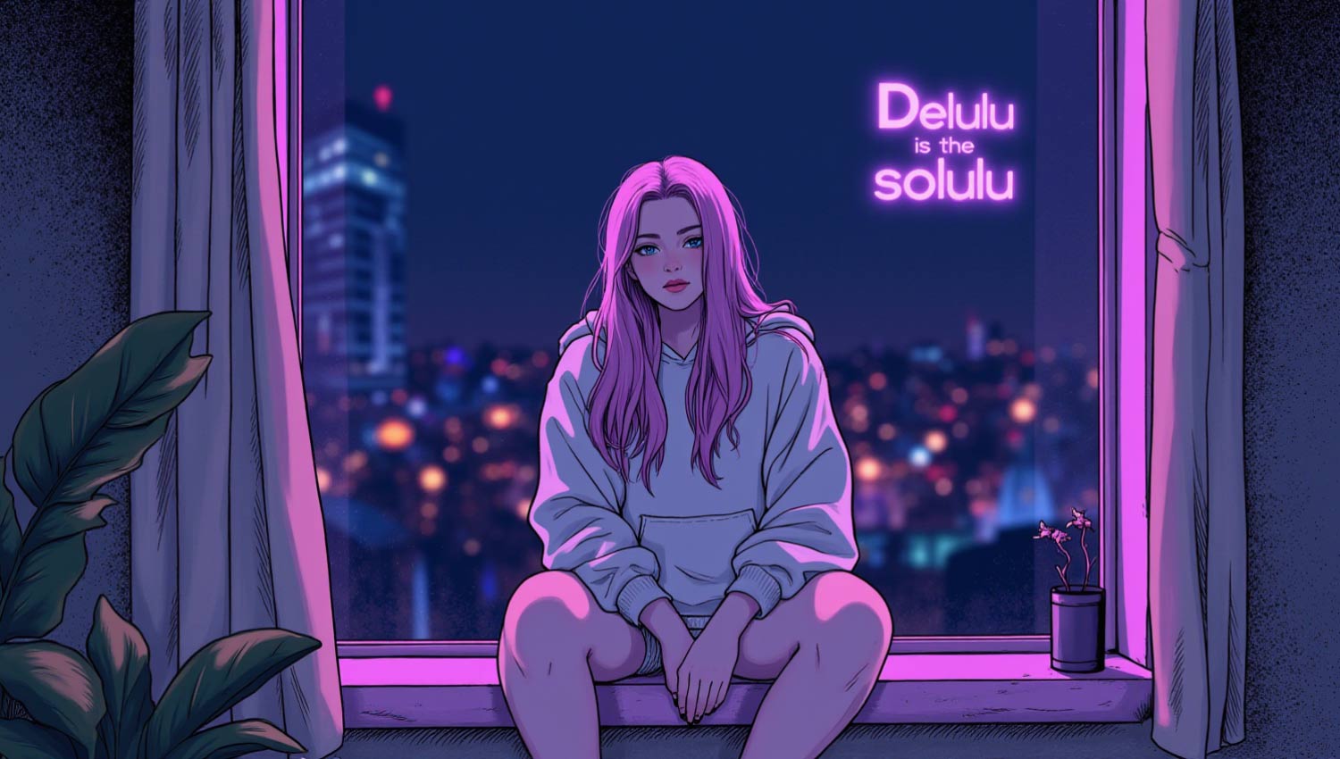 Comic strip with sad boy, glitchy collage, and dreamy girl saying “Delulu is the solulu” in pastel TikTok-core style.