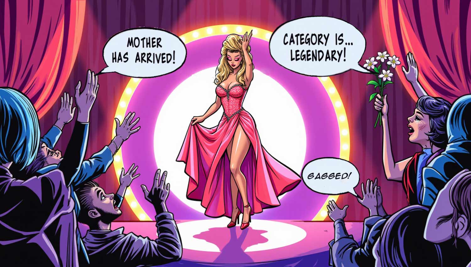 Drag queen striking pose under spotlight, audience shouting “Mother has arrived!” and “GAGGED!” in bold comic bubbles.