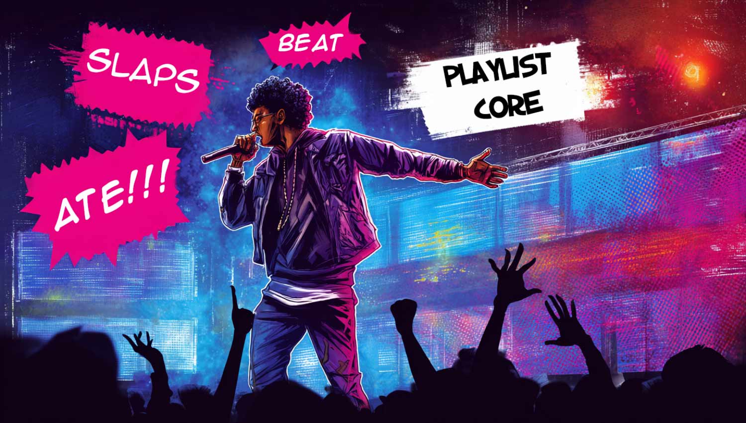 Performer on stage mid-mic-drop, with sound FX like “ate!” and “beat!” exploding around neon-lit concert scene.