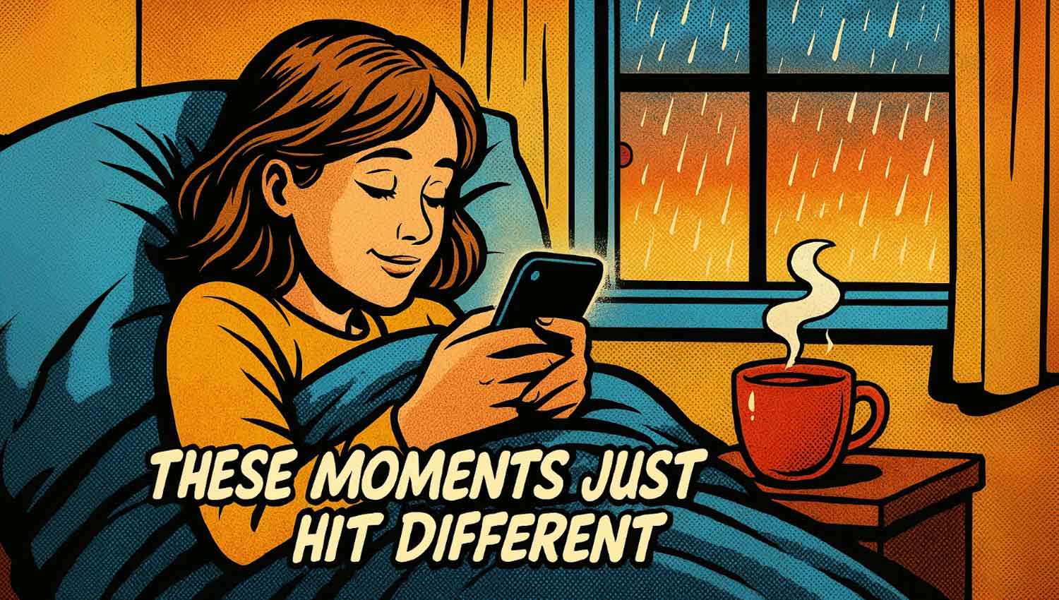 Warm, aesthetic collage of comforting moments captioned ‘These moments just hit different.