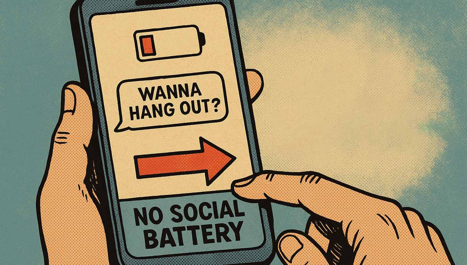 Phone screen showing low battery and social invite ignored with caption ‘No social battery.