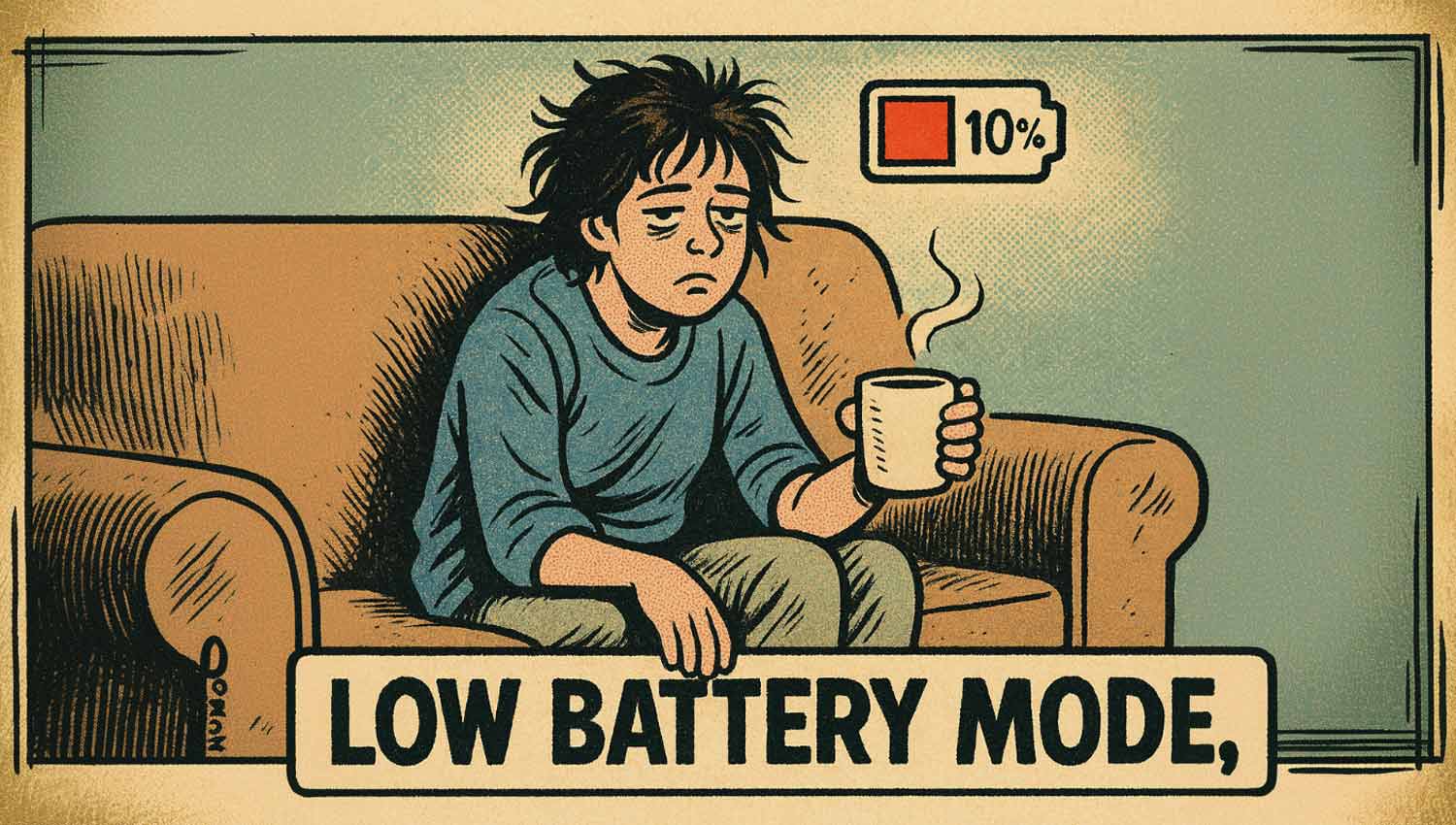 Illustration of exhausted person drinking coffee labeled ‘Low Battery Mode.’