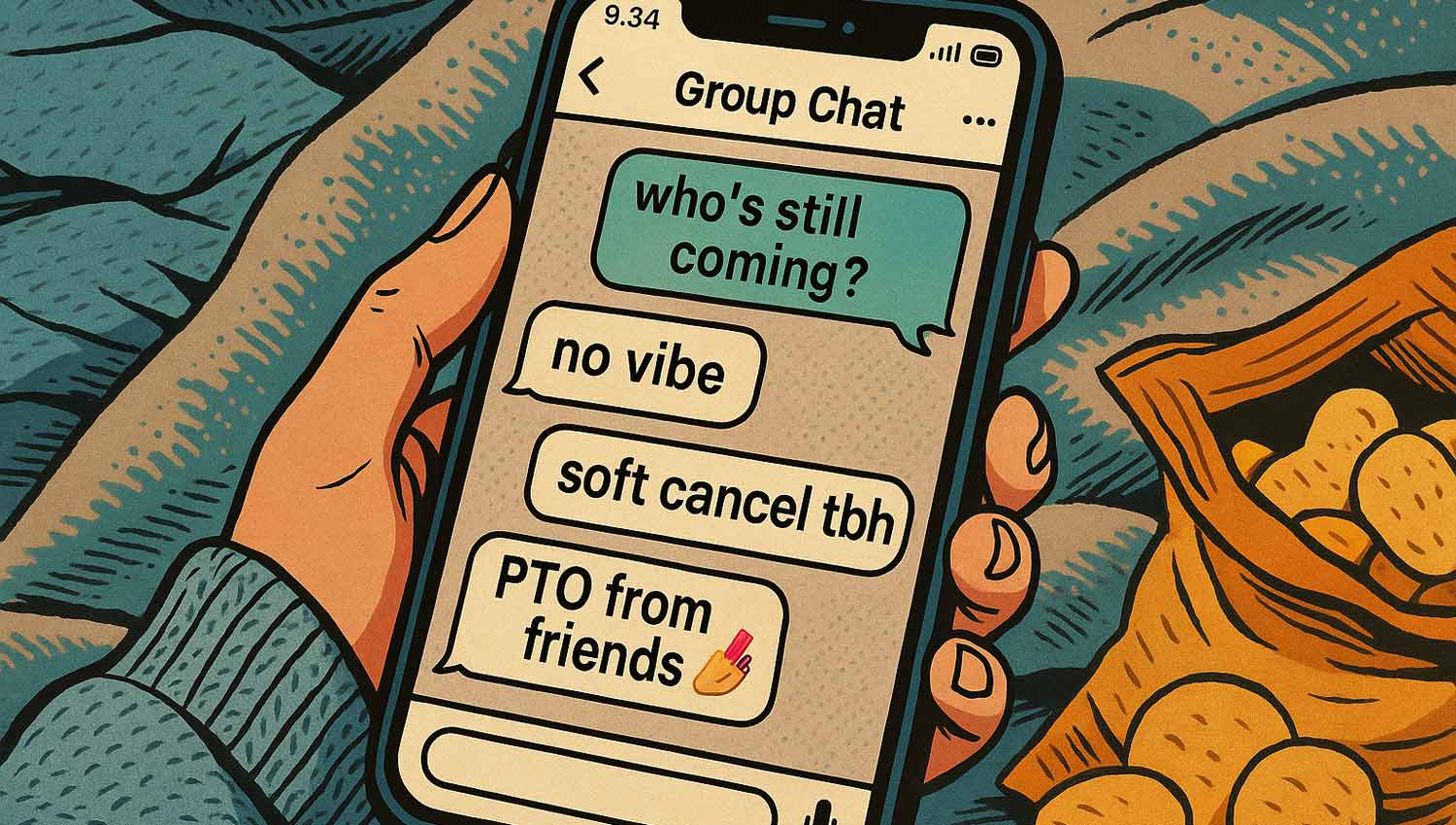 Group text thread with friends using slang excuses to skip a night out.