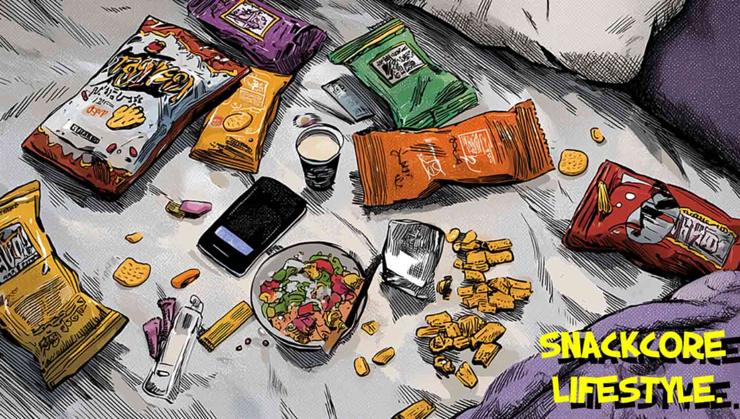 Messy snack-filled bed or couch setup labeled ‘Snackcore lifestyle.