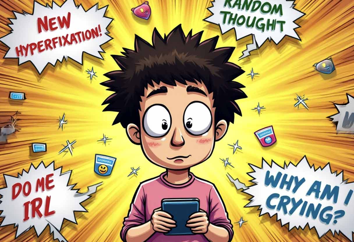 Comic-style person overwhelmed by tabs and slang like “ADHD moment” and “hyperfixation” in a scroll-happy chaos.