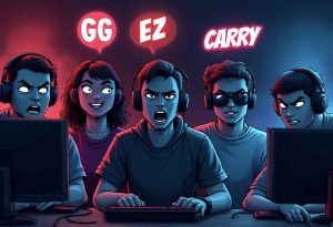 Comic-style gamer team lit by monitors with bold slang like “GG EZ” and “cracked” floating around them in a Discord-style setup.
