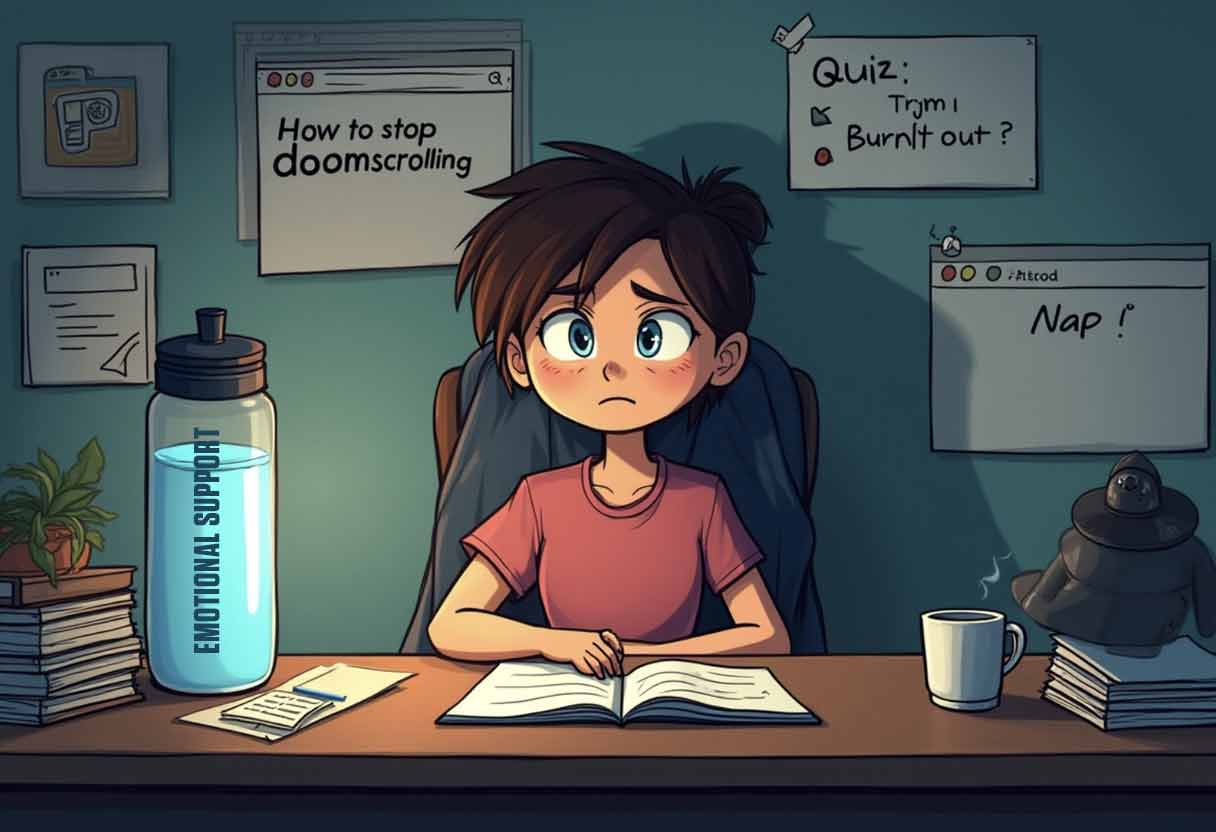 Comic-style person at desk with burnout signs, doomscrolling tabs, and an emotional support water bottle.