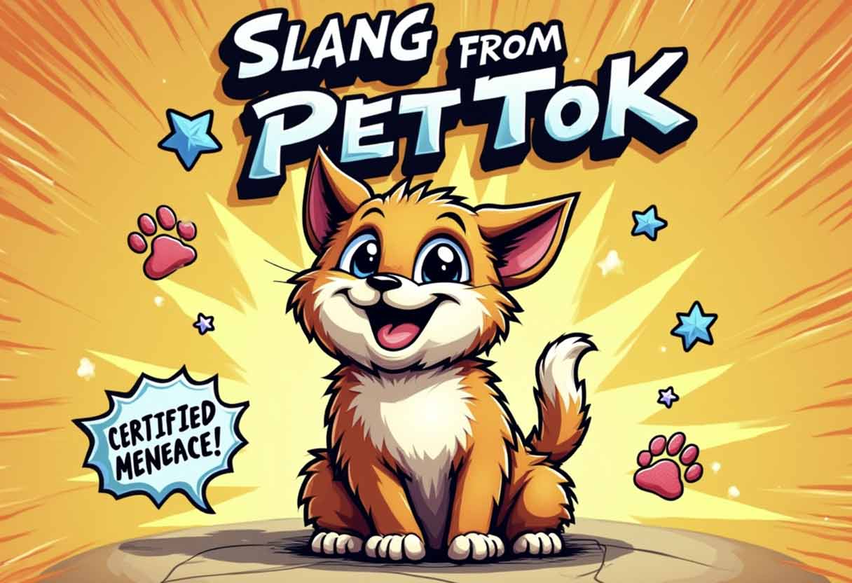 Comic-style mischievous pet with “Slang from PetTok” and “Certified Menace” text, surrounded by playful comic effects.