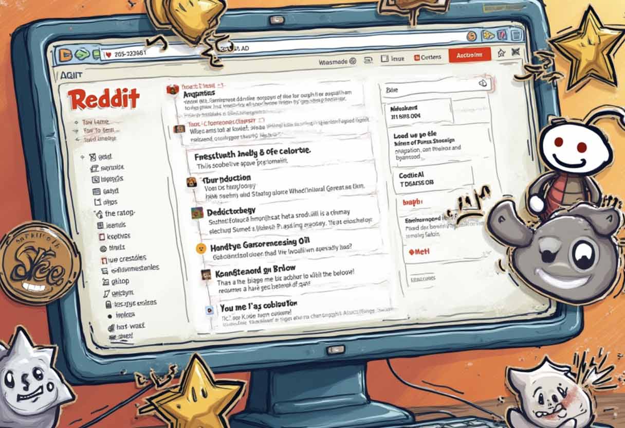 Comic-style Reddit thread with sarcastic flair tags, alt-slang comments, and exaggerated meme elements.