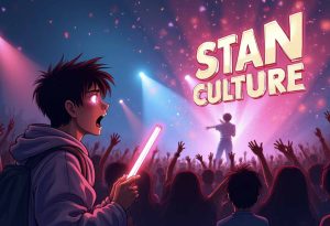 Comic-style fan at a concert reacting to an idol on stage, with bold “Stan Culture” text and dramatic lighting.