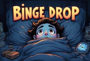Comic-style person mid-binge surrounded by screens and snacks, with bold “Binge Drop” title floating overhead.