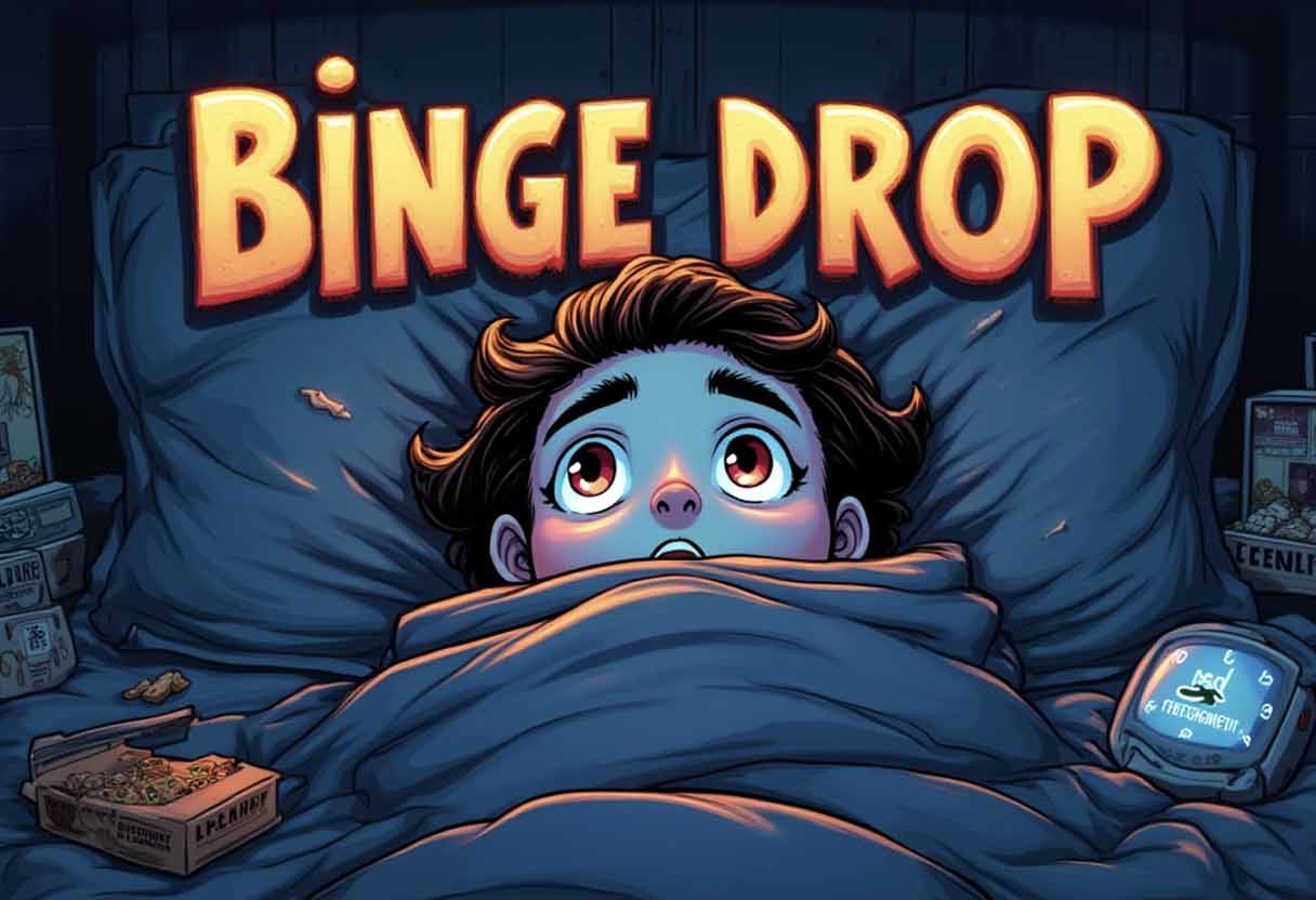 Comic-style person mid-binge surrounded by screens and snacks, with bold “Binge Drop” title floating overhead.