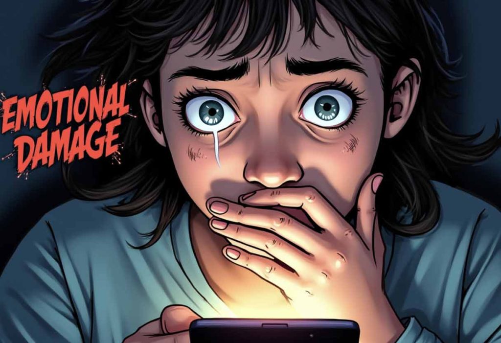 Close-up of someone with wide eyes, hand over mouth, reacting dramatically to something on-screen