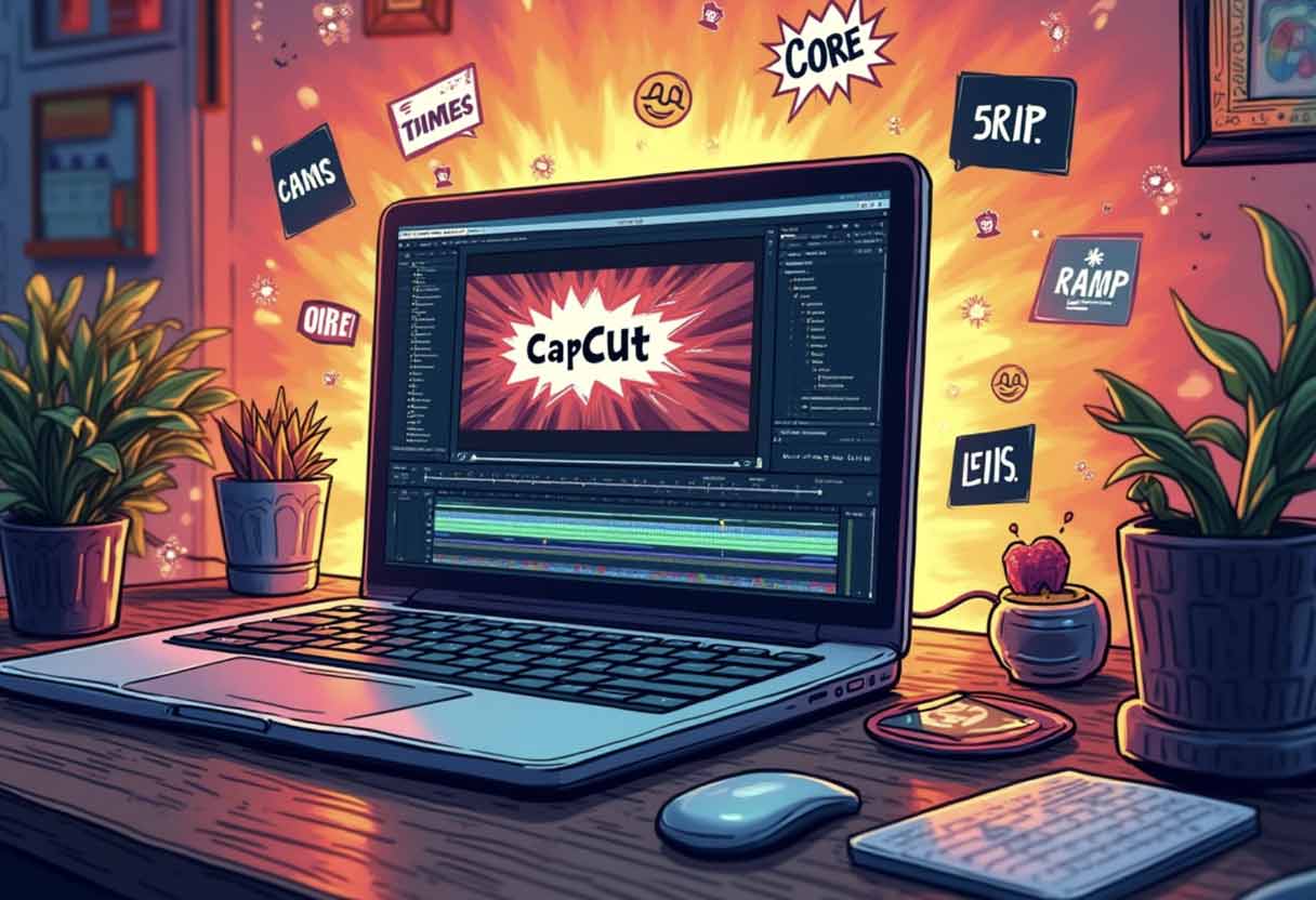 Comic-style edit screen with CapCut timeline, flashy effects, meme icons, and trendy shortform video elements.
