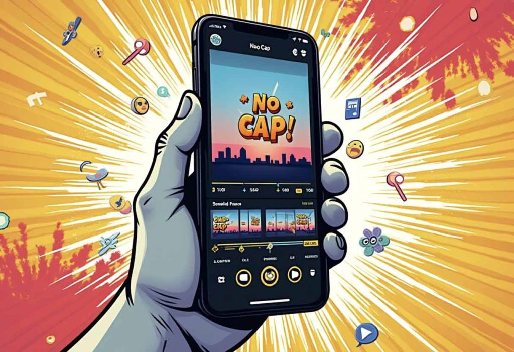 Comic-style phone screen with video edits, meme transitions, and slang-style text like “no cap” and “core.”