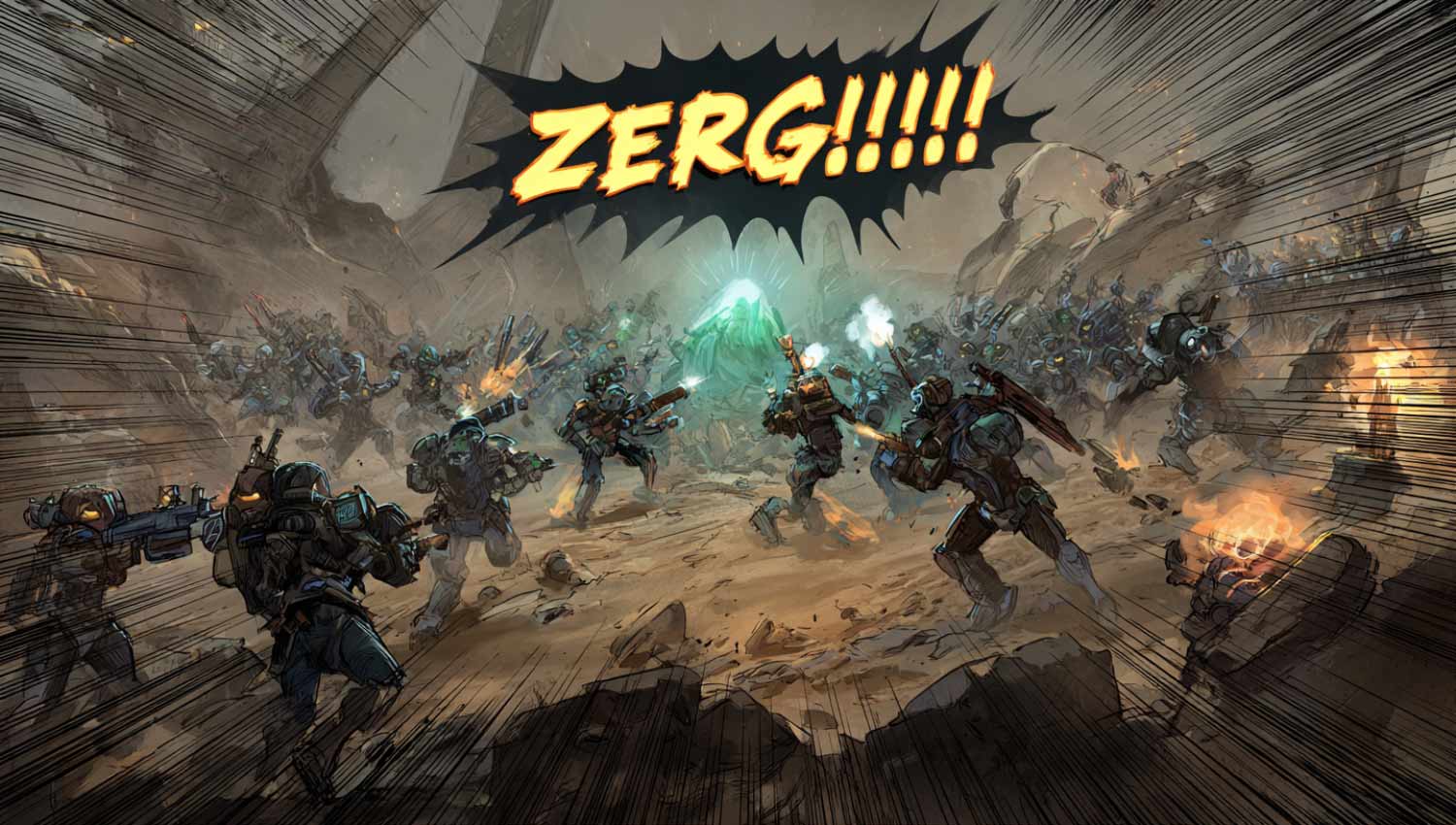 Gaming squad getting overwhelmed by a massive enemy group, with “ZERG!!!” bursting above in comic-style chaos.