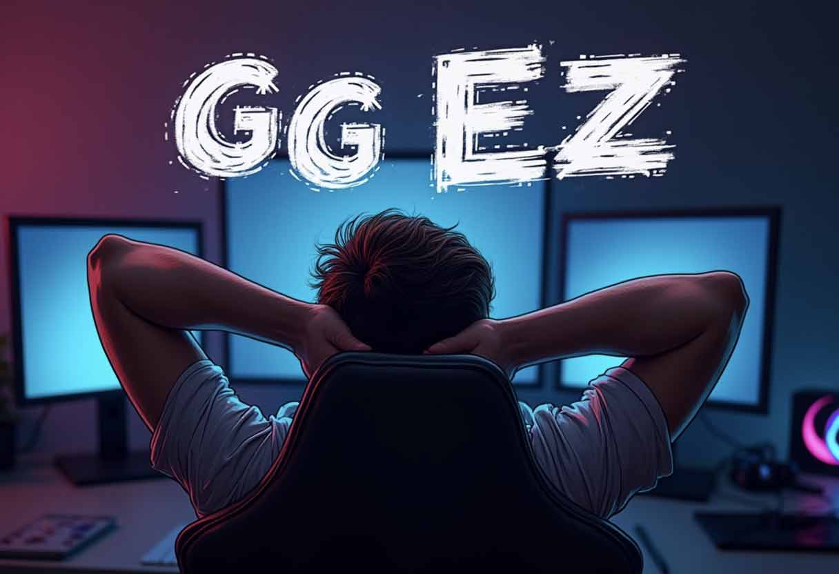 Comic-style gamer smirking after a win, with “GG EZ” in bold stylized text above a glowing screen.