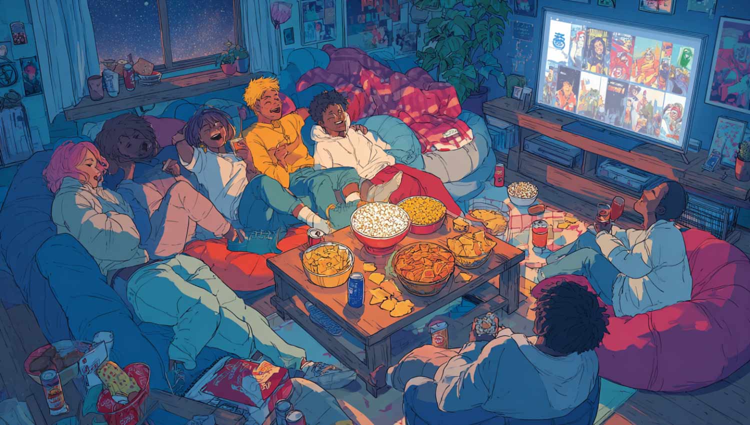 Group of friends binge-watching a show with snacks.
