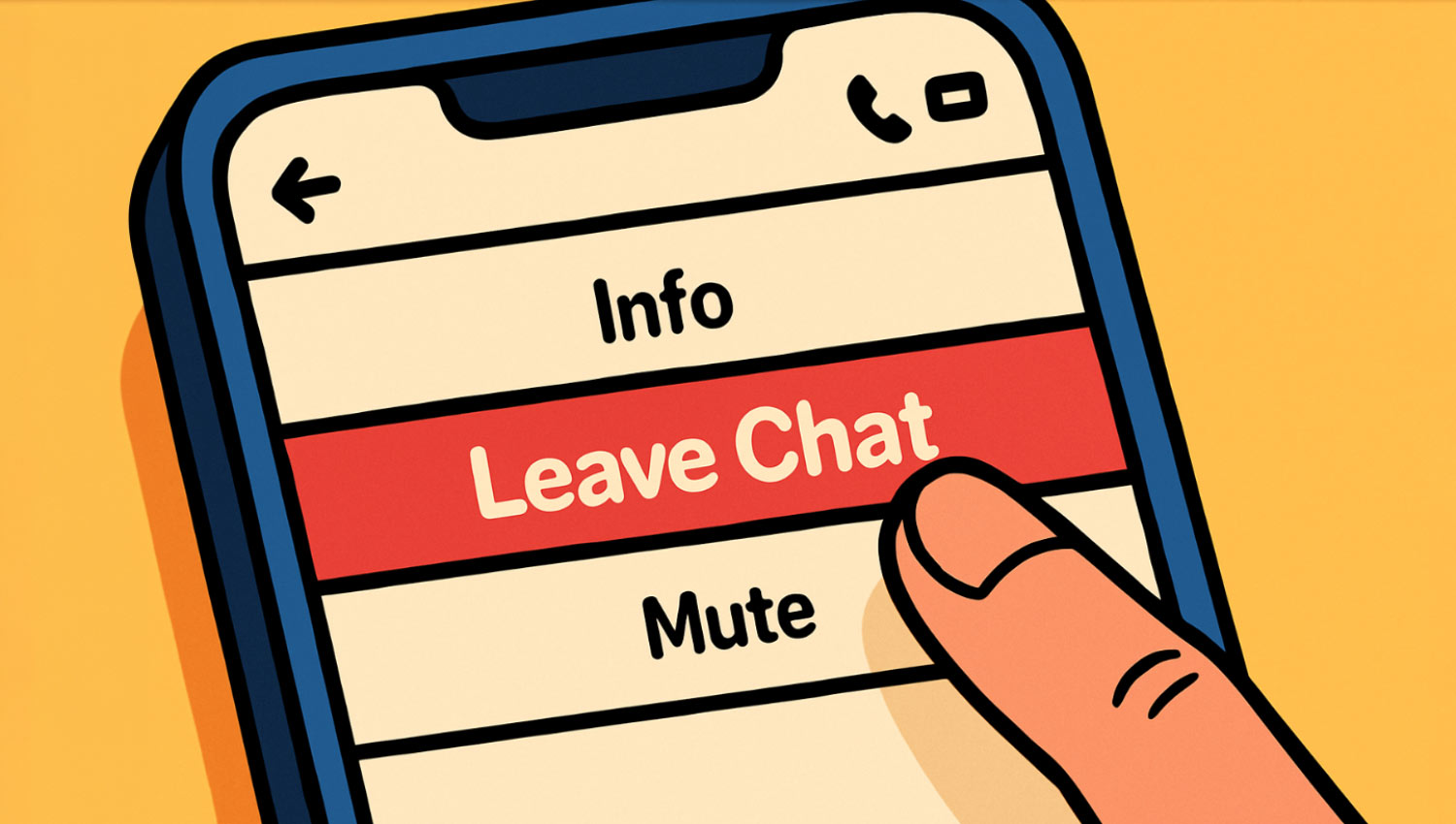 Thumb paused over ‘Leave Chat’ option on a phone screen."