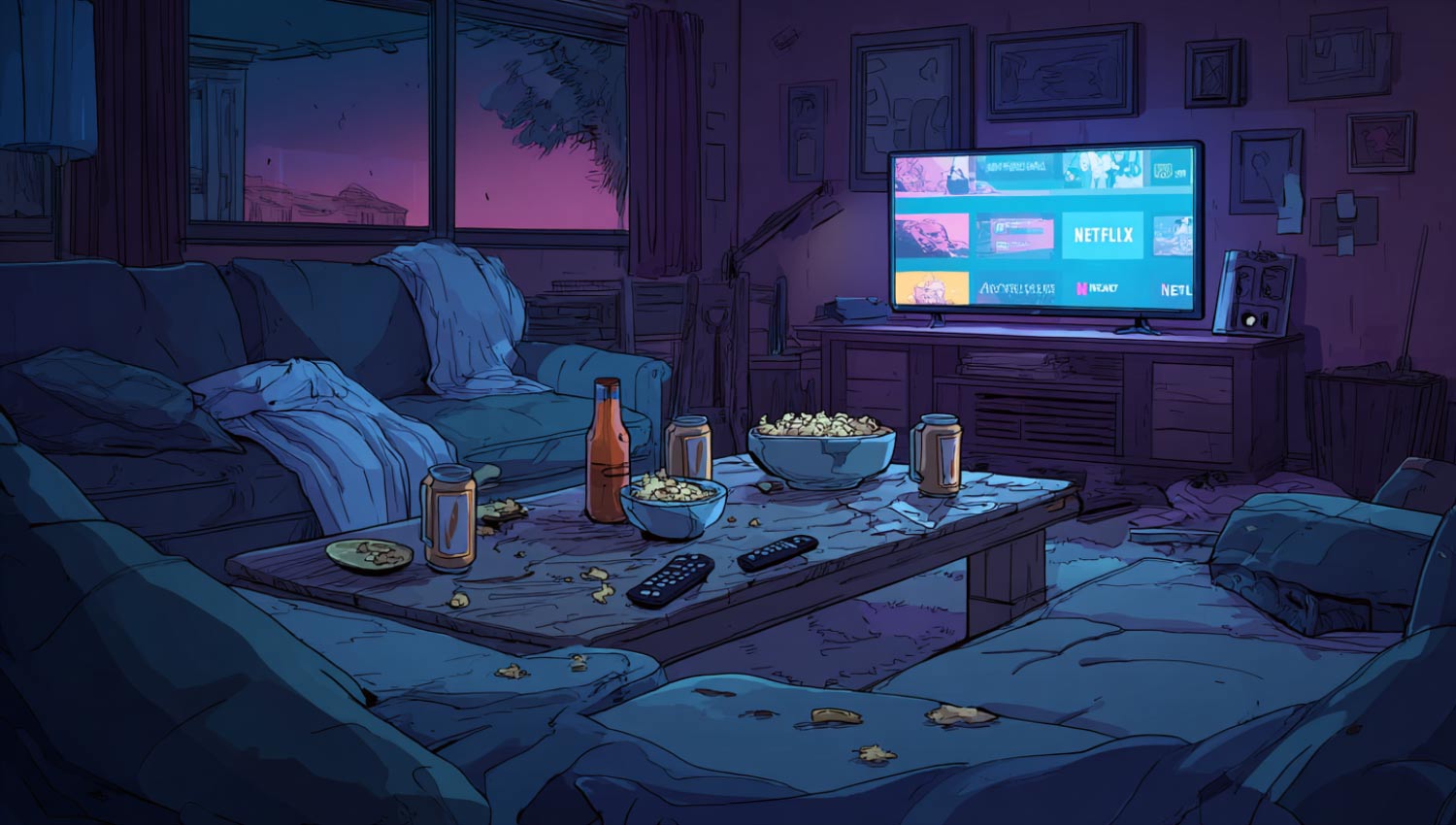 Living room after a late-night streaming binge.
