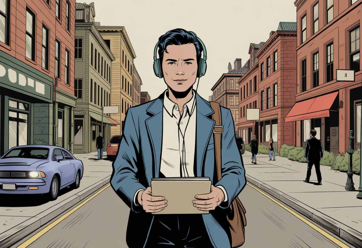 Person walking routine route with headphones retro comic