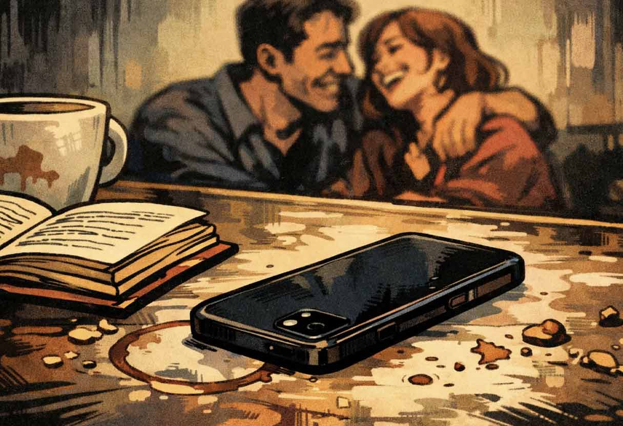 A smartphone face-down on a table while people interact in the background, symbolizing the "Offline Energy" of prioritizing real-life connection.