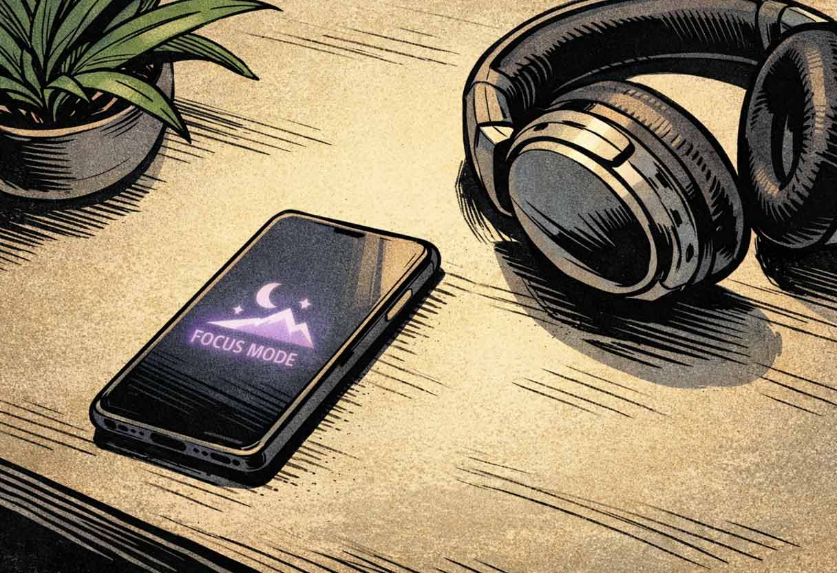 A smartphone face-down on a clean desk next to headphones, symbolizing the conscious choice to "Ghost-Edit" digital noise and prioritize mental clarity.