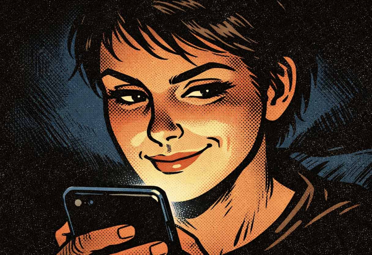 Someone enjoying the chaos of a group chat without typing a word, embodying the "Soft Presence" vibe.