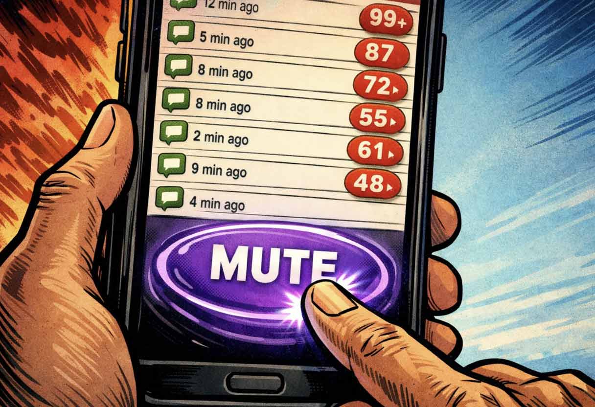 A person muting a chaotic group chat, showing the instant transition from digital noise to mental calm.