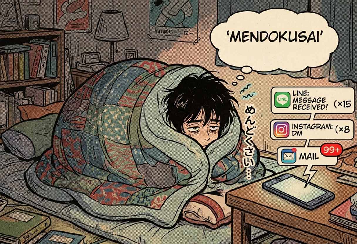 Person ignoring phone notifications while staying under blanket feeling too drained to reply